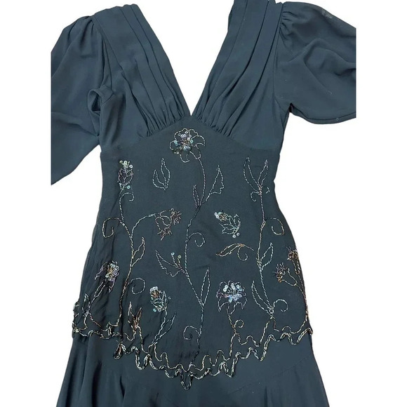 Vintage‎ Black Floral Beaded V-Neck Long Sleeve Evening Dress Size 12 - Picture 6 of 9